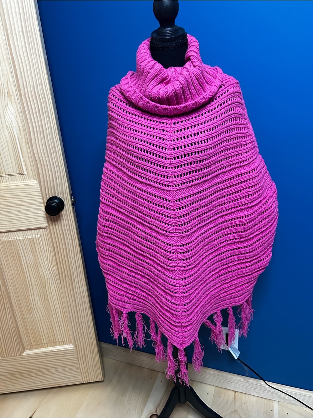 Cozy Pink Knit Turtleneck Poncho with Fringe